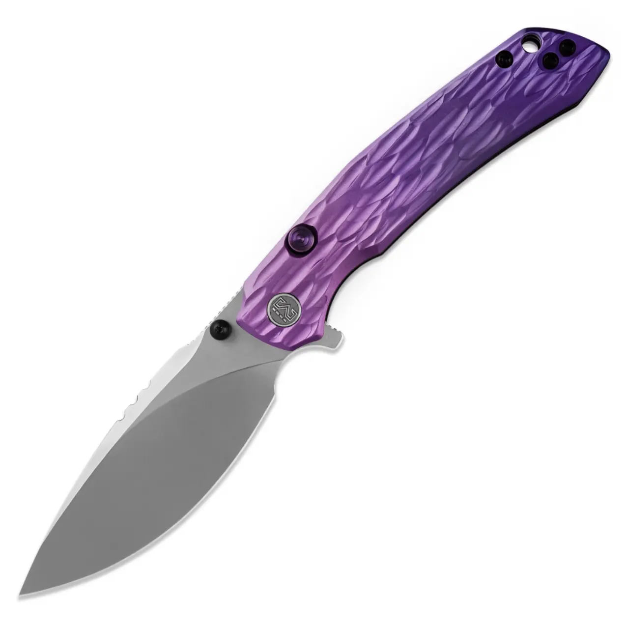 Miguron Celora Stonewash Blade, Gradient Anodized Purple Aluminum Handle, Button Lock Folding Pocket Knife, Outdoor Camping Knife, EDC Collection for Men