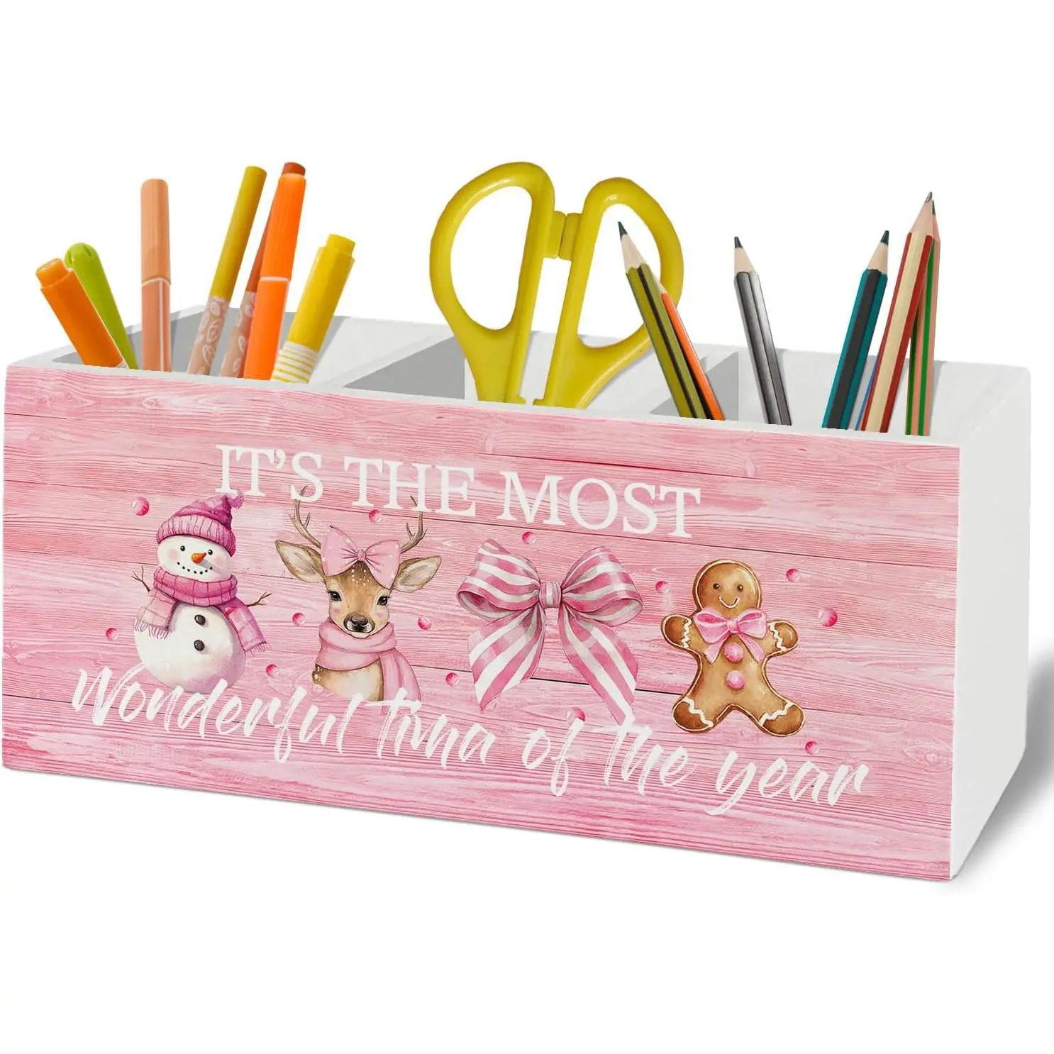 Pink Christmas Pen Pencil Holder Organizer for Desk Accessories, Preppy Coquette Bow Snowman Reindeer Gingerbread Wooden Box Sign Desk Decor for Girly Bedroom Dorm Room Decoration