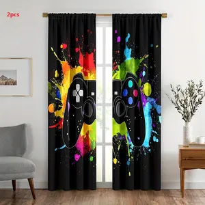 Gamepad Print Curtain, 2pcs Colorful Cool Gamepad Window Treatment, Durable Drapes for Living Room, Decorative Curtain, Home Decoration Curtain, Curtain Blinds
