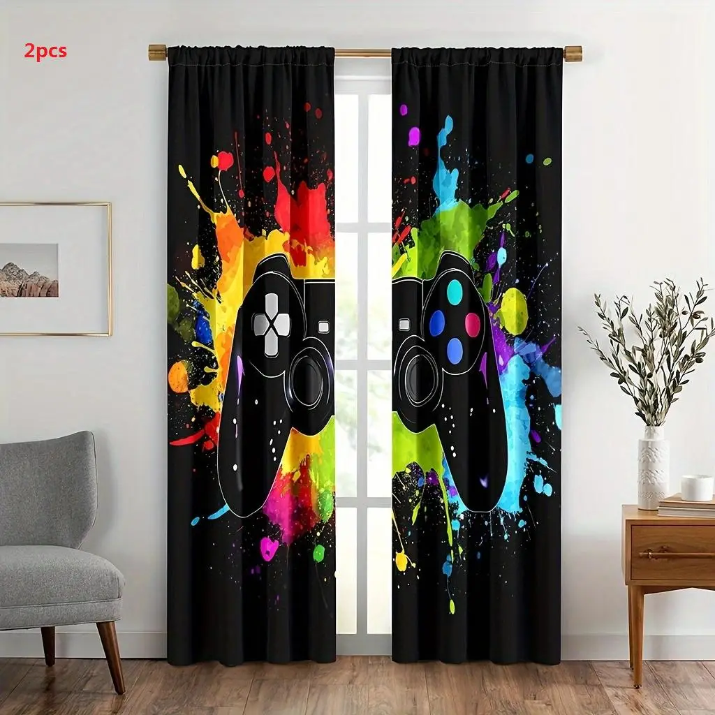 Gamepad Print Curtain, 2pcs Colorful Cool Gamepad Window Treatment, Durable Drapes for Living Room, Decorative Curtain, Curtain Blinds