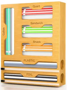 Magnetic Storage Bag Organizer 6 In 1 Ziplock Bag Organizer for Fridge and Drawer, Foil and Plastic Wrap Organizers with Cutter, Food Storage Bags Organizers for Gallon Quart Sandwich Snack Airtight Containers