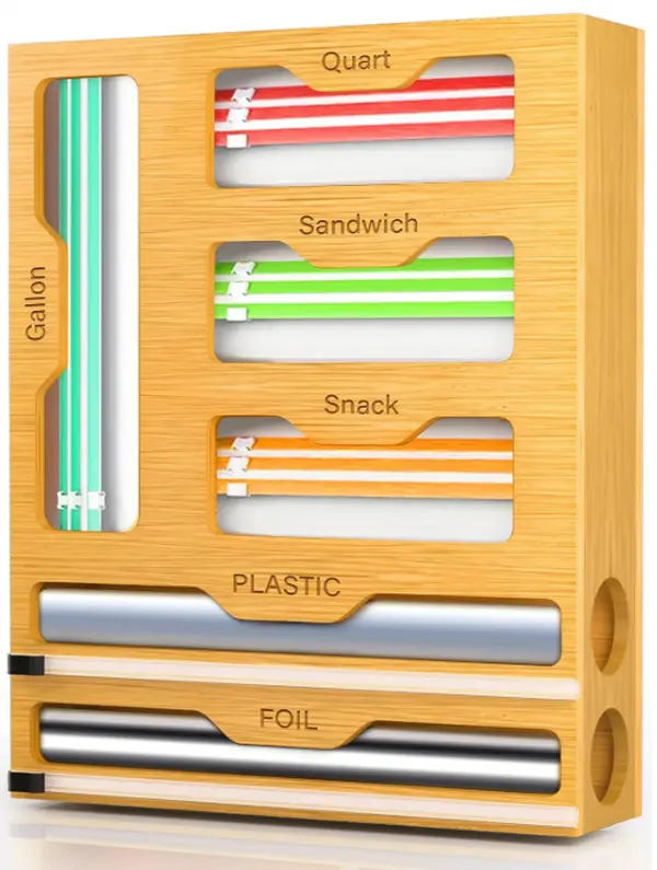 Kitchen 6-in-1 Organizer Storage Solution - Fridge & Drawer Storage Organization Tool with Ziplock Holder, Foil & Plastic Wrap Dispenser, Built-in Cutter (Fits Gal, Qt, Sandwich, Snack Containers)