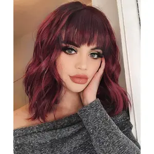SummerVibes AISI HAIR Short Bob Wig with Bangs for Women Wine Red Wigs Synthetic Curly Wavy Hair Wigs Natural Looking Heat Resistant Fiber Hair for Women Realistic Illusion Hairline