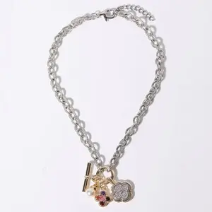 CLOVER Chunky Rope & Link Chain Necklace - 17" Silver Chain, Gold & Multicolor Charms, Secure Toggle Clasp, Elegant Floral & Pearl Pendant