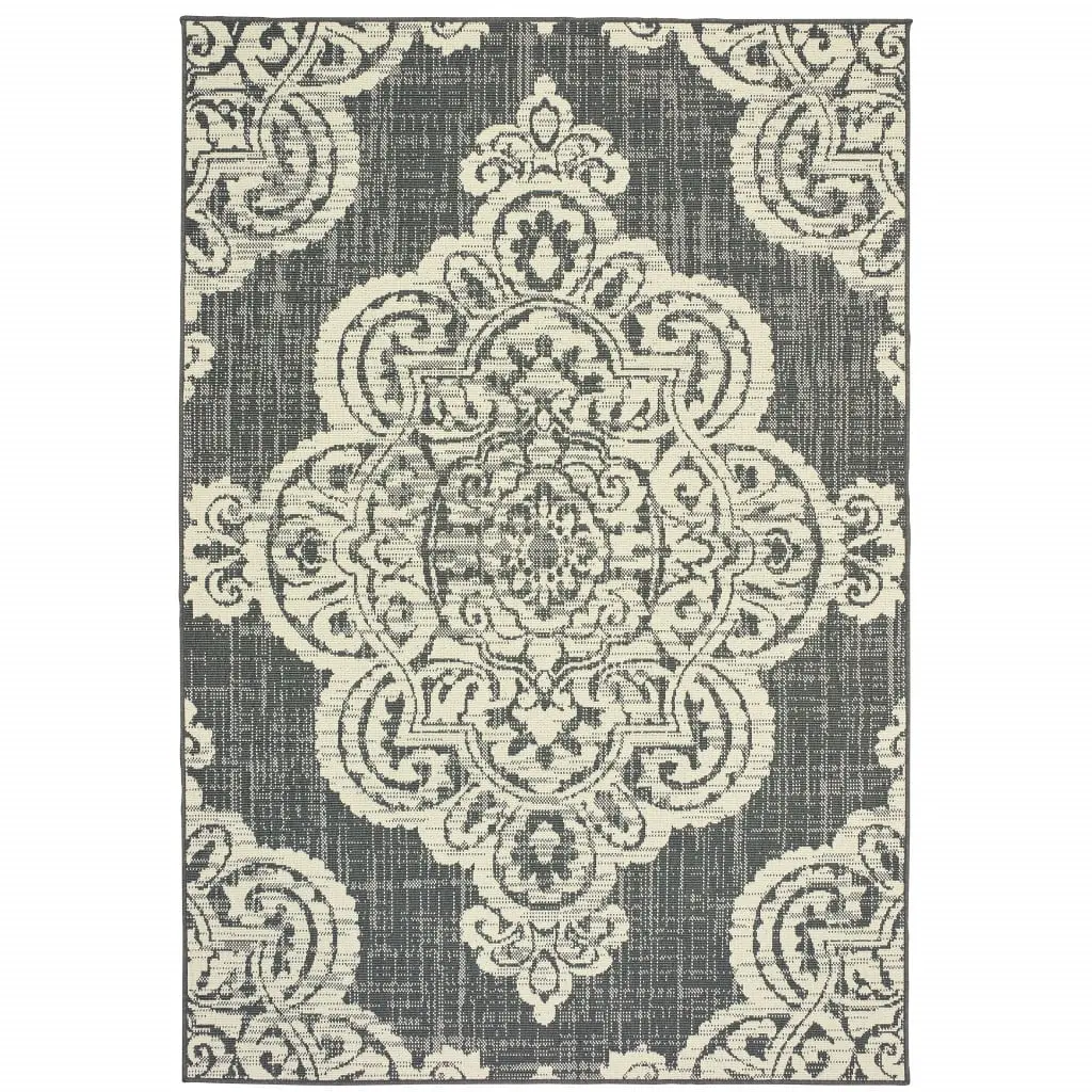 212 MAIN Global Oriental Power Loom Polypropylene Area Rug, 2x4 ft Low-Pile, Gray & Ivory, Water & Stain Resistant, Indoor/Outdoor Leisure & Equestrian Use, Water Resistant, 2 X 4 Ft