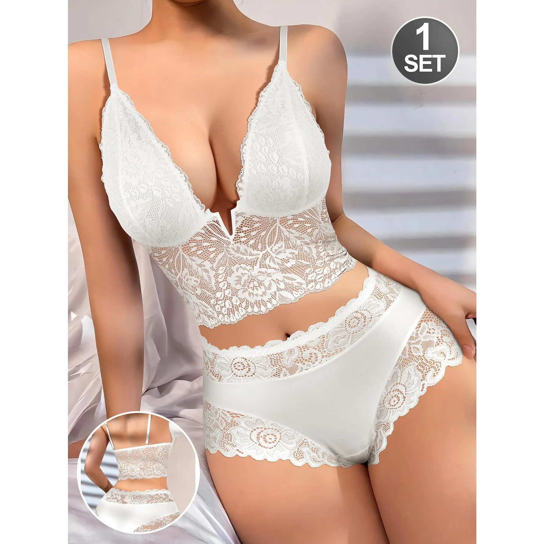 QUASTI 1 Set Wireless Lace Bralette & Panty Set, Deep V Lace Spliced Camisole Bra + Matching Lace Briefs, Soft Milk Silk Lingerie Set for Women, S-XXL