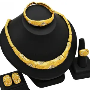 Dubai Fashion 24k Gold Color Choker Jewelry Sets for Women African Indian Bridal Necklace Earrings Necklace Ring 4Pcs Set Gifts