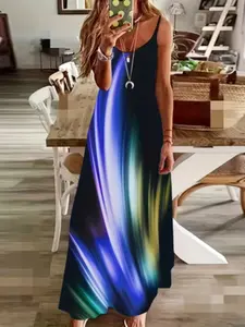 Summer Plus Size New Colorful Halter Sleeveless Long Dress, Creative Loose Waist Digital Print Elegant Chic Dress, Women's Fashionable Summer Casual Wear