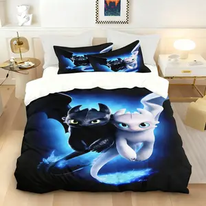 How to Train Your Dragon Duvet Cover Set (2/3-Piece, 1 Duvet Cover + 1-2 Pillowcases, No Pillow Inserts or Comforter Included), Toothless & Light Fury Print, Decorative Duvet Cover, Soft Bedding, Perfect for Kids' Bedroom Decor, Ideal Gift for Dragon Fans
