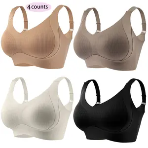 Women's Solid Four-breasted Adjustable Wireless Bra Soft Comfortable Breathable Ribbed Push Up Seamless Bra for All Seasons Valentine's Day & Mother's Day Gift Black Fabric Medium Support Casual Essential