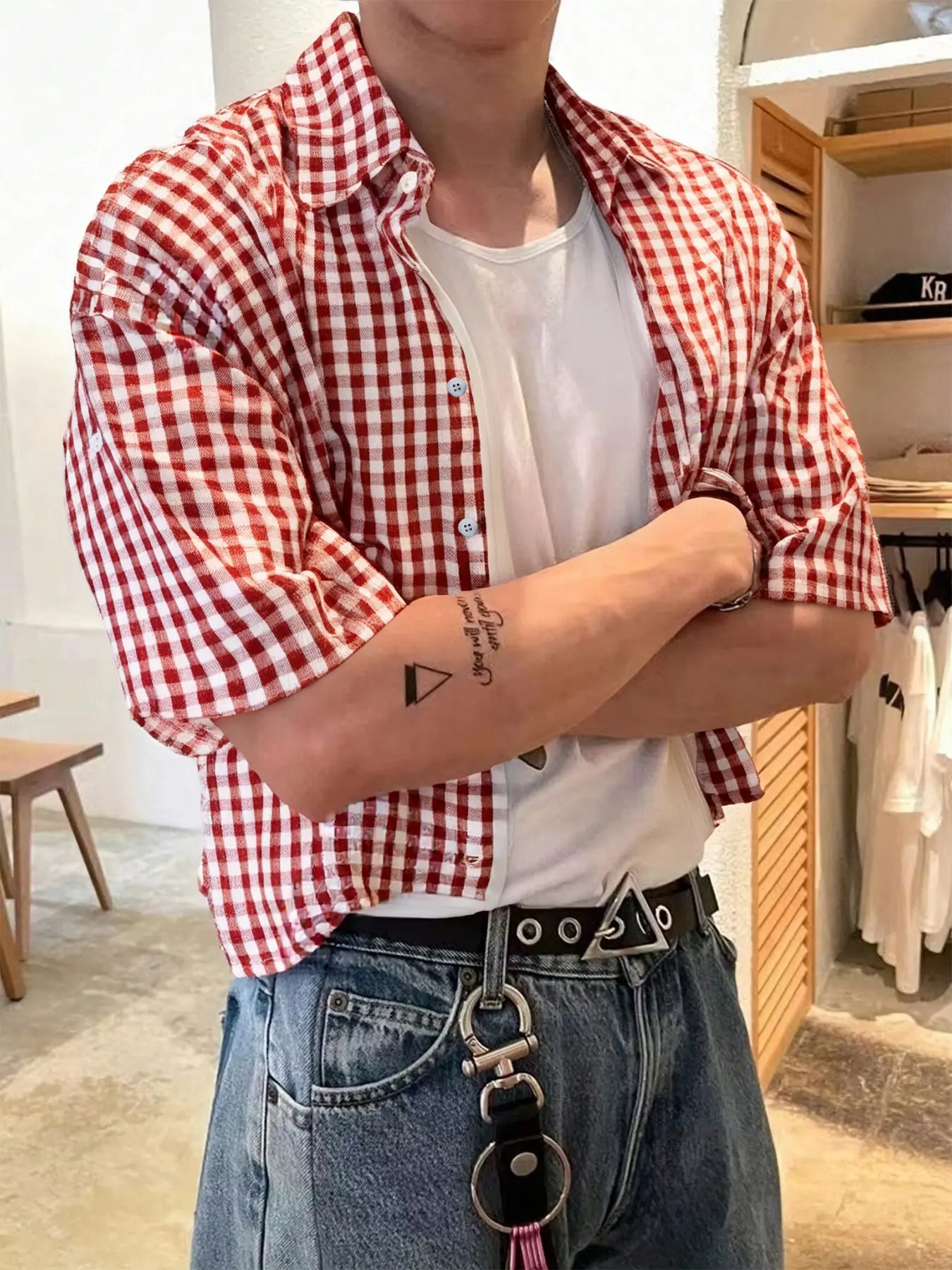 Men's Plaid Checked Classic Casual Short Sleeve Knit Shirt, Front Button Design, Fitted Style, Fall & Winter Fashion, Trendy Streetwear