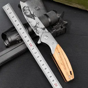 kitchen knife，remium Wood Handle Folding Pocket Knife with Deer Engraving - Stainless Steel Blade for Camping, Hiking  - Unique Gift for Men