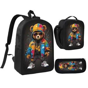 Cartoon Bear Backpack With Lunch Box Pencil Case 3 In 1 For Boy Girl Teen Schoolbag Lightweight Large Capacity 600D Oxford Cloth Adjustable Straps Comfortable Mesh Back Cushioning backpack goals-H