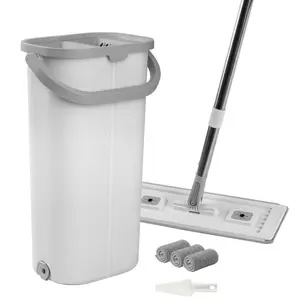 Mop and Bucket with Wringer Set for Hardwood Tile Vinyl Floors 360° Flexible Cleaning 3 Washable Microfiber Pads Ultra-Narrow Bucket Design Hand-free Cleaning System Removable Lid Dry & Wet Separation - Smooth
