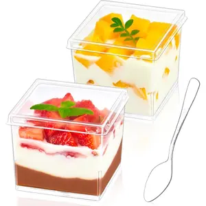 50-count pack of 5-ounce mini square dessert cups (with lids and spoons), clear plastic parfait cups. Small shot cups ideal for appetizer desserts, puddings, mousses, ice cream, and fruit.
