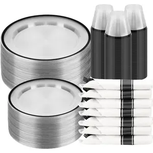 350PCS Clear & Black Disposable Plates Set – 100 Plates, 50 Cups, 50 Pre-Rolled Napkins & Cutlery for 50 Guests with Fashion Design