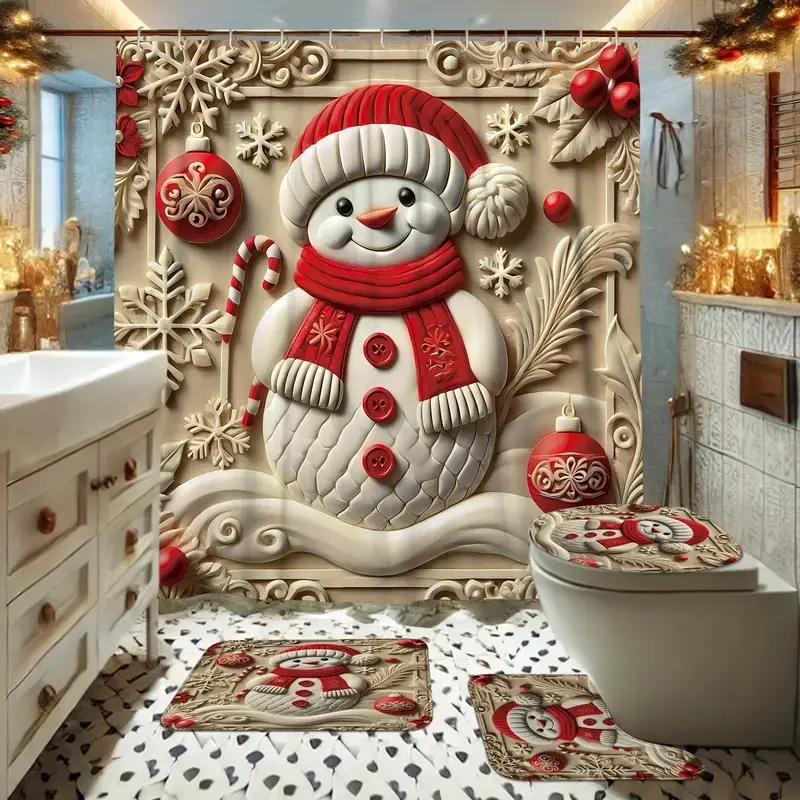 1/4pc Christmas-themed Snowman & Christmas Ornament 2D Pattern Shower Curtain Set, including shower curtain, toilet seat cover, rectangular mat, U-shaped mat. for bathroom decoration, beautifying the space. with 12 hooks. Bathroom Decoration Accessories