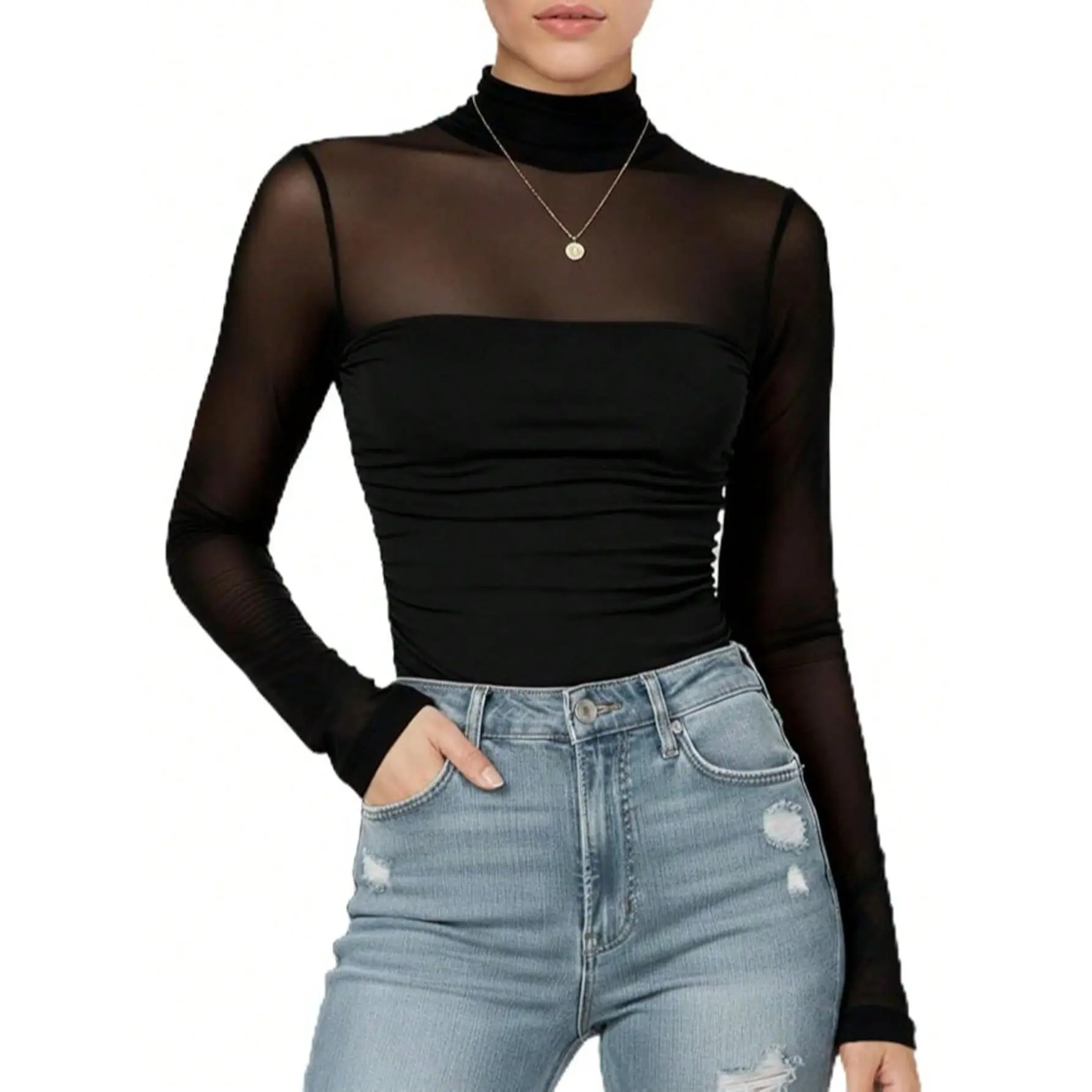 Women Long Sleeve Sheer Mesh Bodysuit Mock Turtle Neck Body Suit Tops  Sexy Ruched Going Out Leotard,summerwins