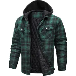 Jackets for Men Long Sleeve Plaid Shirt Jacket Quilt Lined Hooded with Button Down Winter Coat