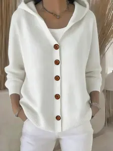 Women's Hooded Button Knit Cardigan, Soft Hood Design, Long Sleeve Open Front Fitted Sweater, Elegant Versatile for Spring Fall Winter