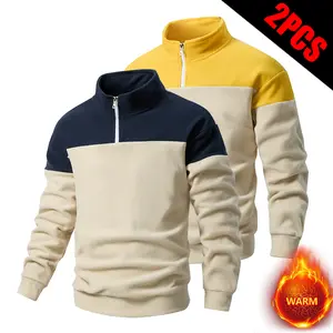 Men's colorblock half zip-up front placket sweatshirt, regular fit casual long-sleeve stand collar sweatshirt; men's solid color zippered half doorplacket fleece sweatshirt, regular fit casual long-sleeve stand collar pullover, suitable for outdoor hiking