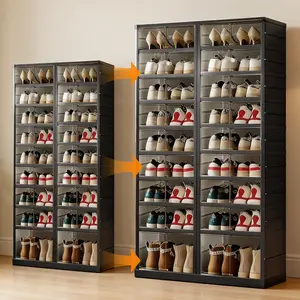 NLDD Extra-Wide & Tall 9-Tier Shoe Cabinet Holds 18 Pairs Clear Doors Wheels for Effortless Storage Stackable Reinforced Frame Ventilation Holes