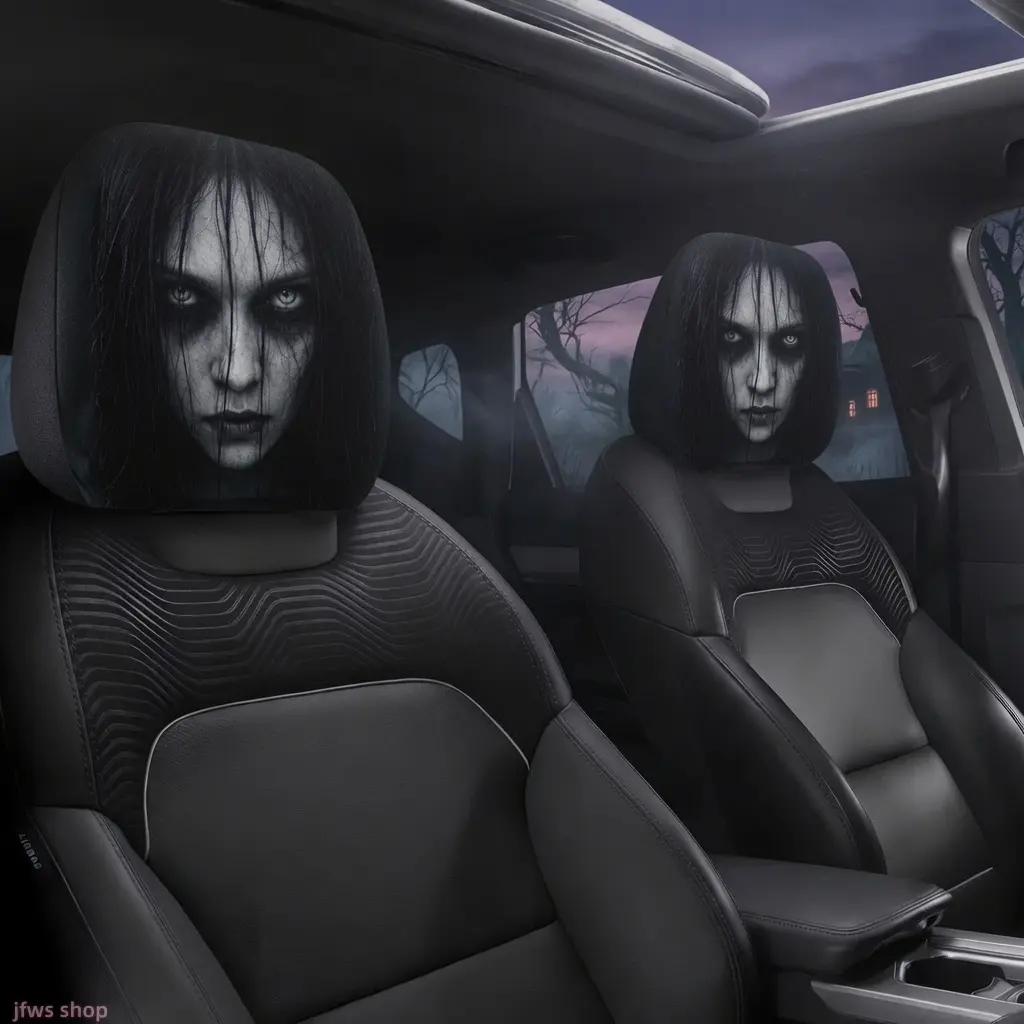 2026 New Double-Sided Printed Horror Woman Face Car Headrest Covers, Elastic Universal-Fit Creepy Halloween Prank Auto Interior Accessory for Men, DIY Bag Accessory Compatibility