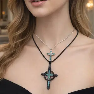 2PC Versatile Layering Cross Necklace Set for Men Women - Gothic Black Thorn & Silver Infinity Turquoise Pendants - Aesthetic Streetwear Jewelry Accessory
