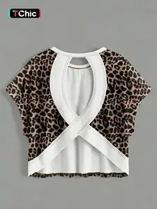 1 Leopard Print Back Cross Cutout Crop Top Women | Batwing Sleeve Loose T Shirt | Y2K Baddie Streetwear | Party Music Festival Outfit