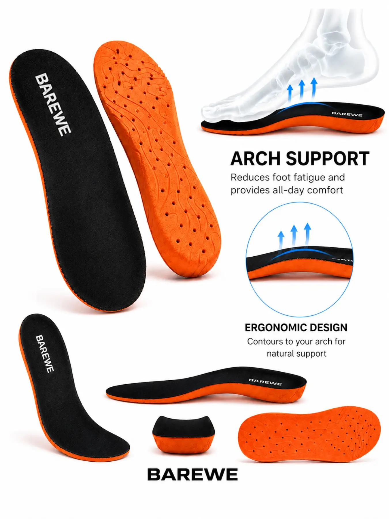 Barewe Arch Support Insoles Eva Cushioned Insole Shoe Insole for Men & Women – Comfortable Cushioning Inserts for Walking, Running & All-Day Wear