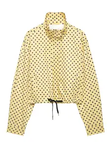 Women's Polka Dot Print Stand Collar Long Sleeve Drawstring Front Zipper Pocket Short Jacket Coat, Stylish Casual Outerwear for Daily Wear