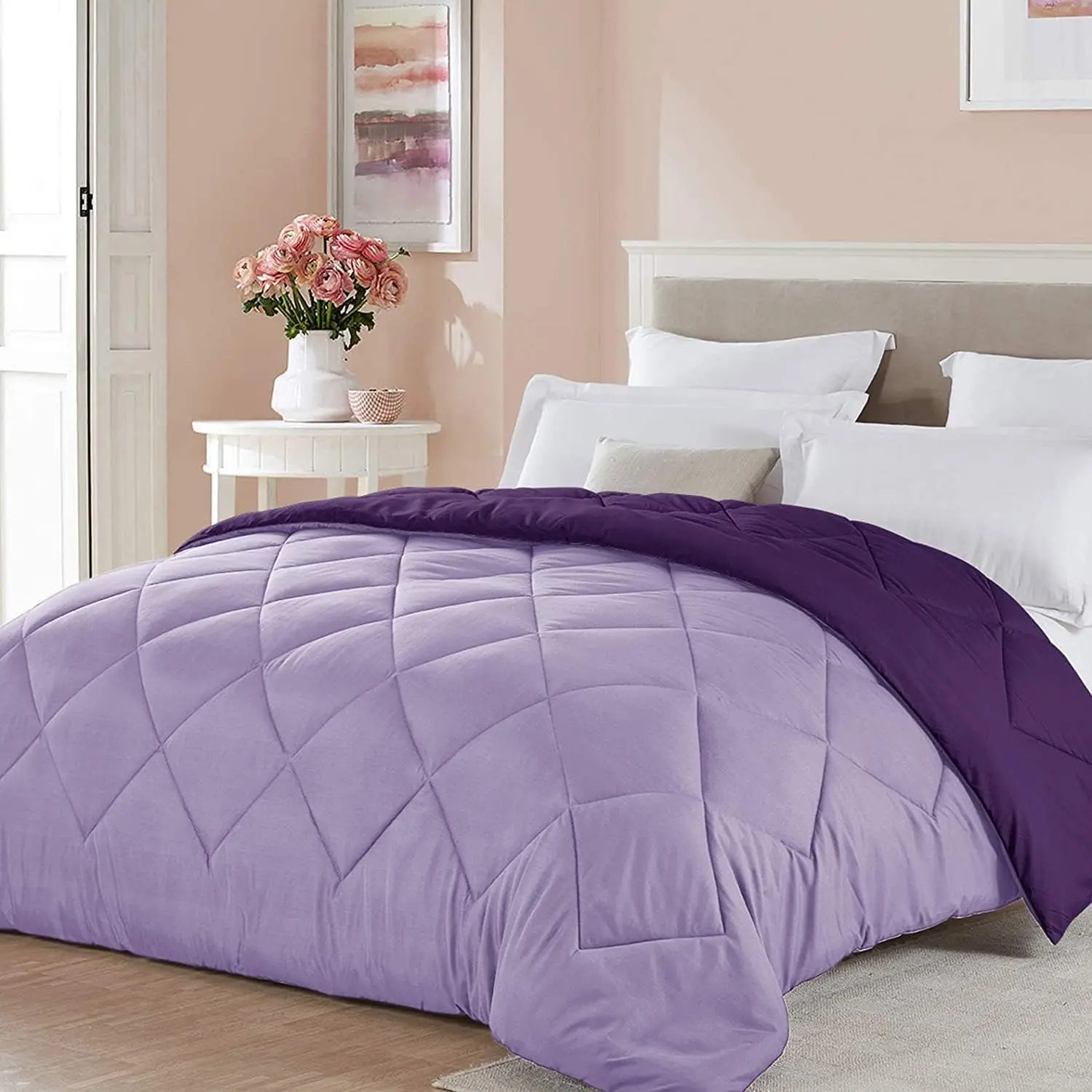 Reversible Cooling Full/Queen Comforter, Lightweight All-Seasons Bedding for Women, Solid Plum Lavender and Light Purple Fabric