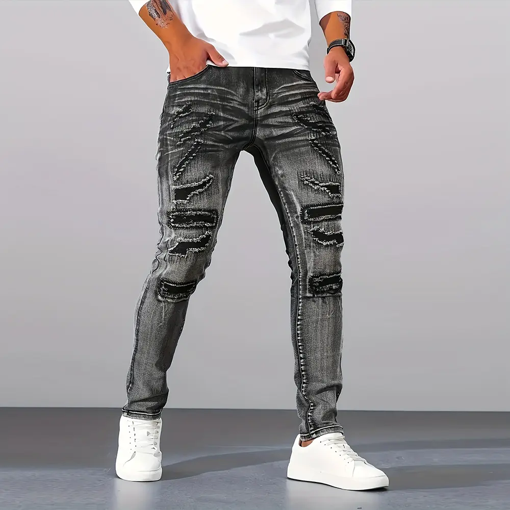 Men’s vintage washed distressed patchwork slim-fit tapered jeans with a gradient effect, casual stretch denim long pants, street-style trousers