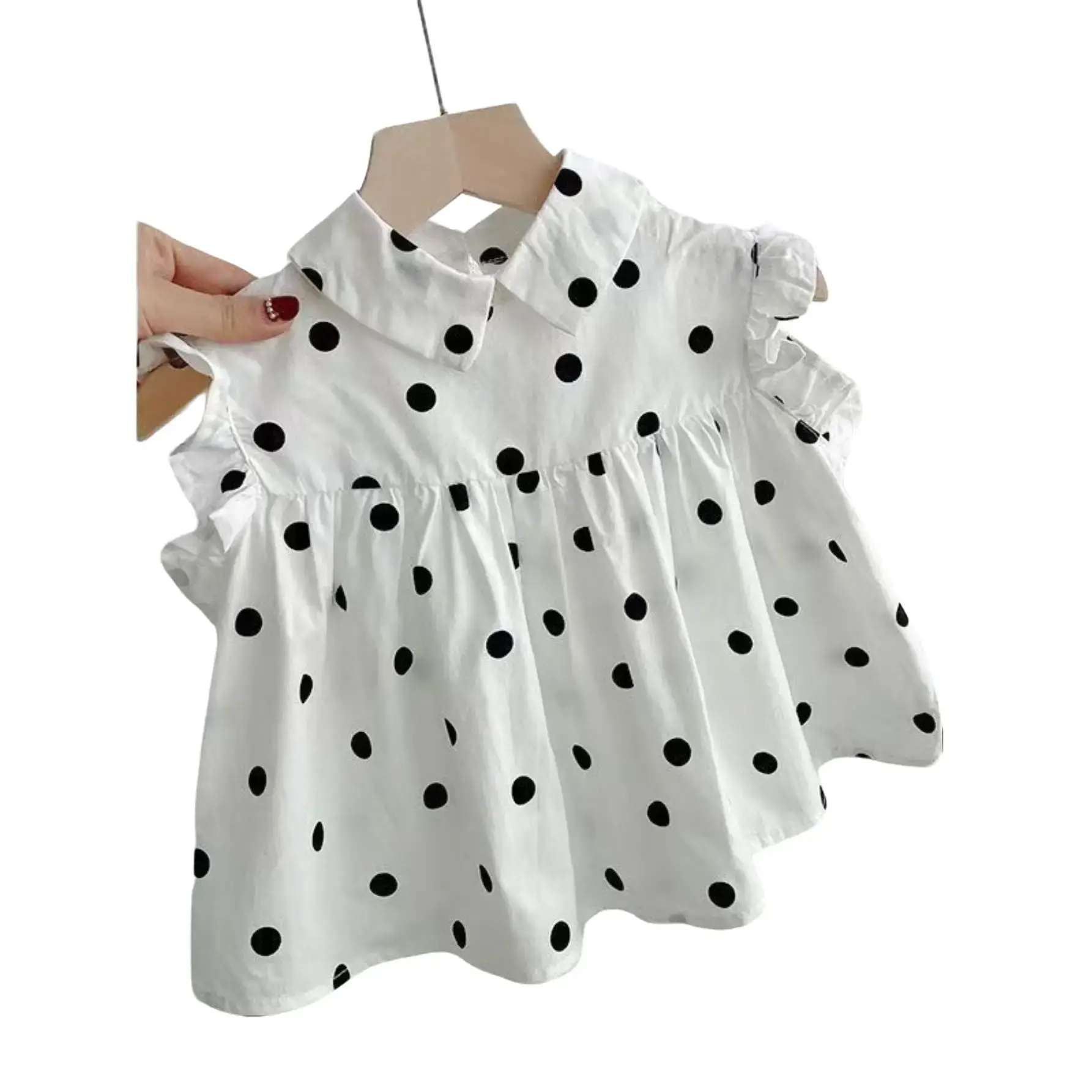 Girls' Summer Polka Dot Collared Blouse |     Ruffle Cap Sleeve Sweet Doll Top-DMA