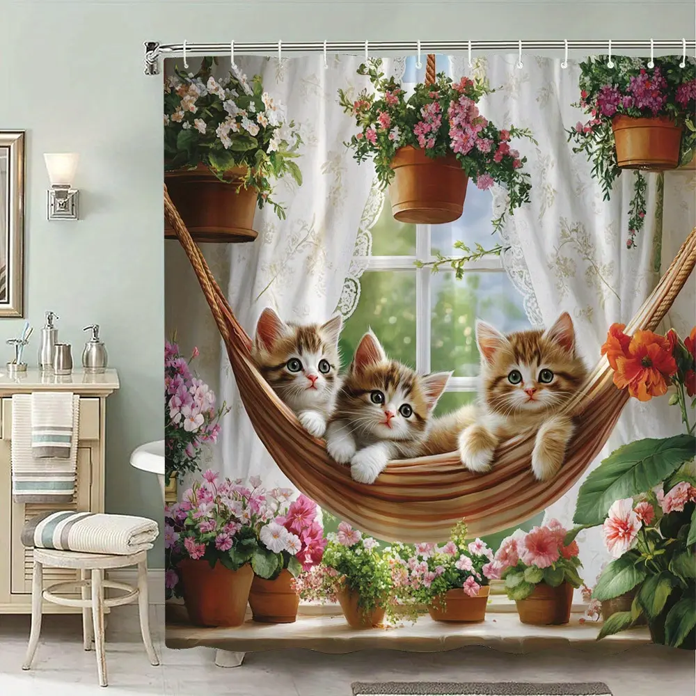 Kittens in Hammock Shower Curtain, Cozy and Serene Cat Scene with Vibrant Flowers, Charming Homely Design, Polyester Bathroom Curtain with Hooks