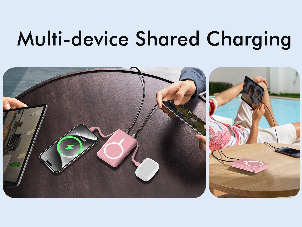 Podoru Multifunctional 10000mAh Power Bank, Wireless Magnetic Travel Charger Built-in USB C Lighting Cable, MagSafe for iPhone 17/16/15/14/13/12 Series