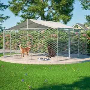 Heavy Duty Outdoor Dog Kennel 14.8x14.8x7.6 ft/ 13.1x7.5x7.6 ft, Galvanized Chain Link Playpen with Waterproof Anti-UV Cover, Secure Lock, Large Exercise Pen for Puppy & Pets(Sent out in 2 packages)