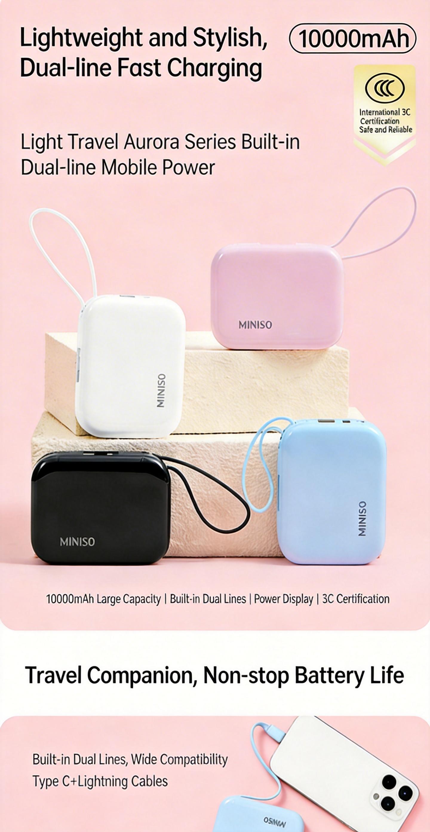 MINISO 2-in-1 Power Bank 10000mAh 22.5W Fast Charge PortableCharger High Capacity Lighter