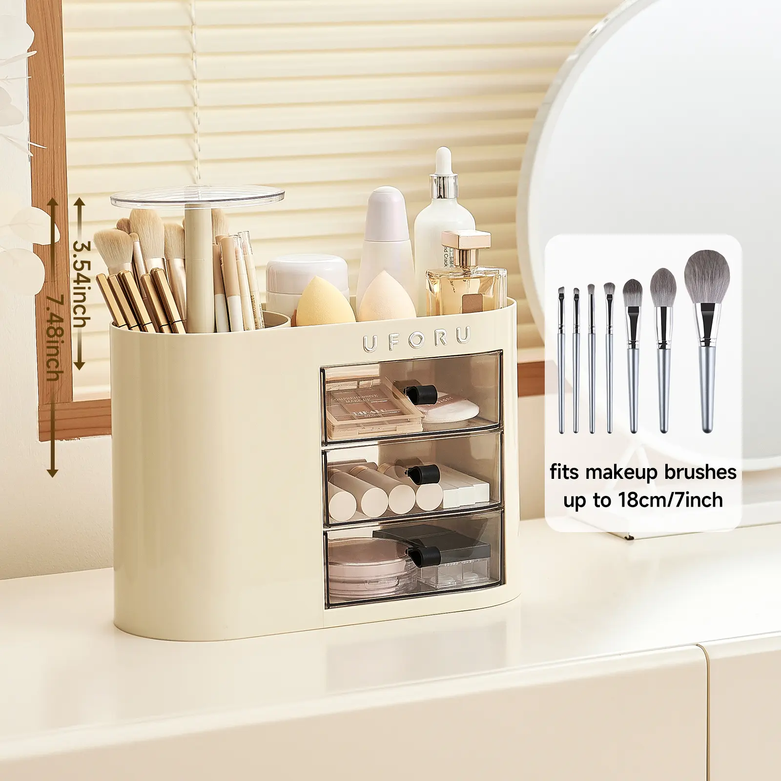 Makeup Organizer with Drawers for Vanity, 4 Slot BrushHolder with One Touch Open,Spacious Cosmetic Storage forDresser Vanity and Bathroom Countertop, Beauty Holder forLipstick Skincare makeuporganizer jewelry organizerWhiteBoxes