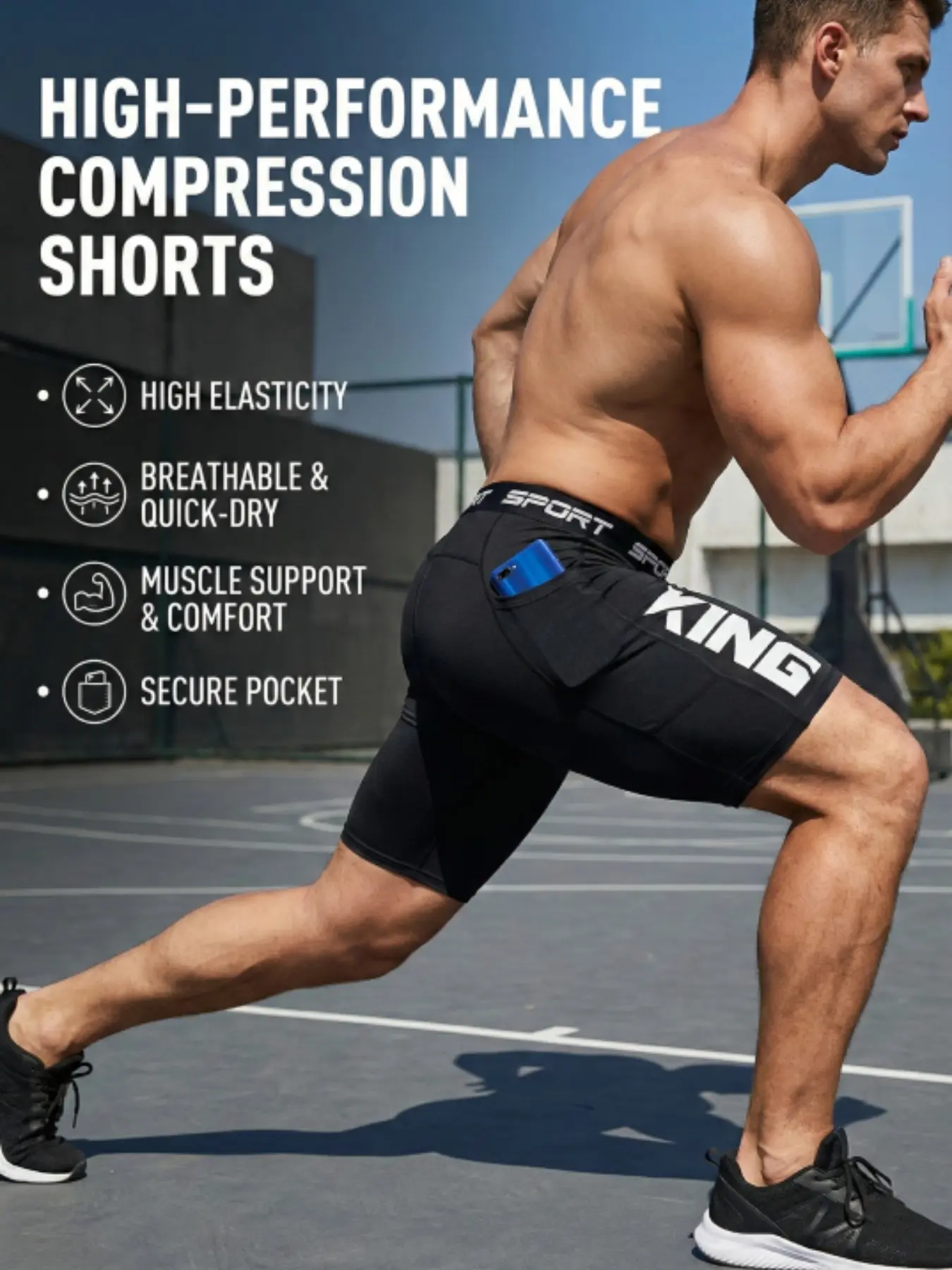 Men's Black KING Graphic Workout Shorts with Pockets, Quick Dry Breathable High Stretch Athletic Training Shorts for Gym, Running, Fitness, Cross Training, Basketball and Everyday Active Sportswear, Training Cycling Shorts