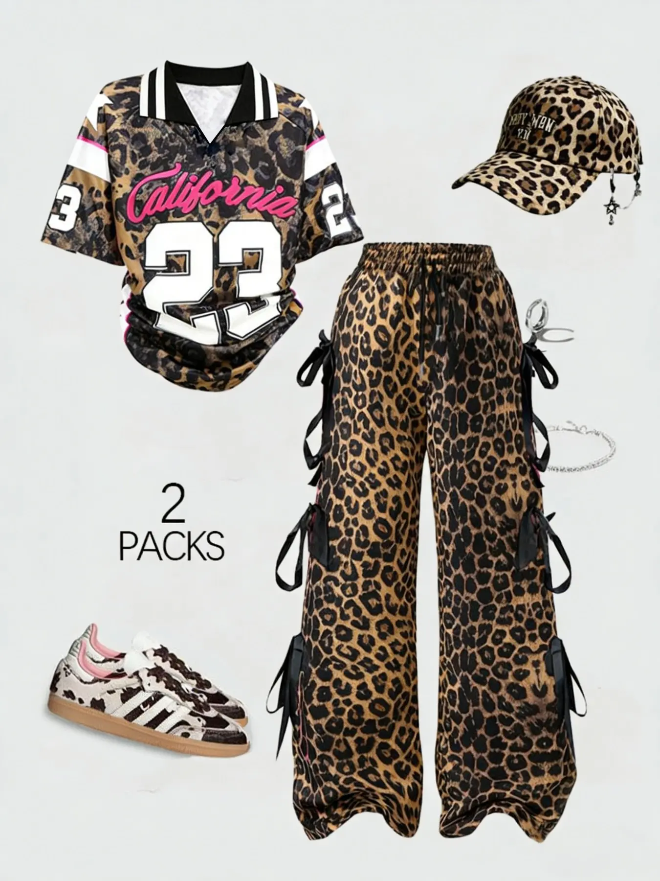 Women's Leopard Print Baseball Jacket & Drawstring Wide Leg Pants Set, Womenswear, Vintage American Style Y2K, Casual, Loose Fit V-Neck Top, Fashion, Chic