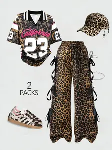 Women's Leopard Print Baseball Jacket & Drawstring Wide Leg Pants Set, Womenswear, Vintage American Style Y2K, Loose Fit V-Neck Top