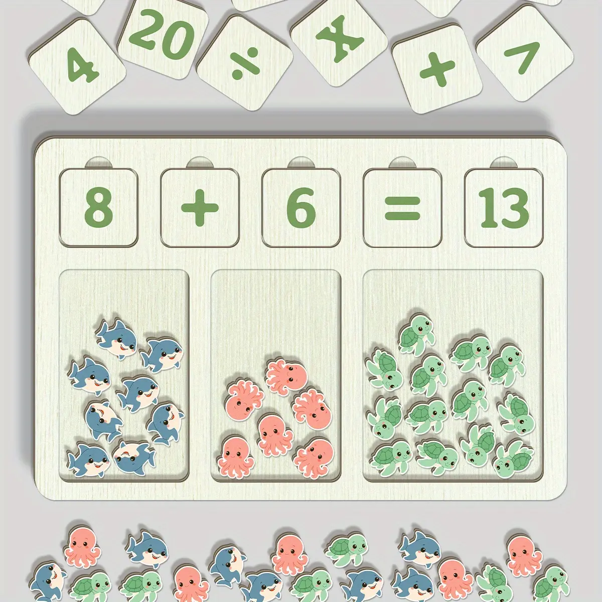 Wooden Math Arithmetic Board Tray Set, Math Teaching Aid, Activities Learning Counting, Includes a Wooden Base, Numbers 1 to 20, 40 Marine Animals Shaped Wooden Blocks, Learn Counting Tools, Perfect Gift, Visual Learning Tools