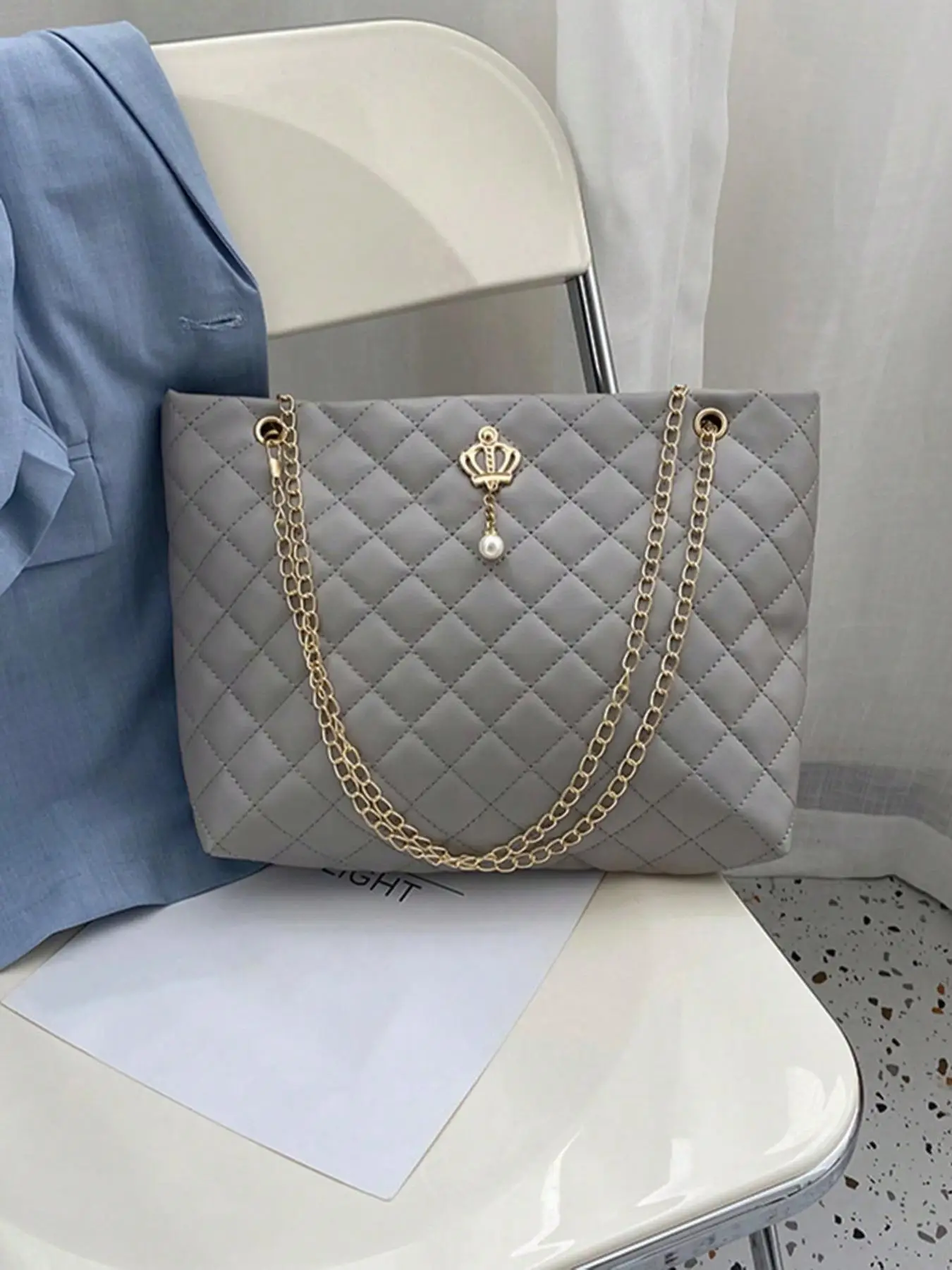 Summer 2024 1 Piece Fashion Plain Faux Pearl Decoration Rhombus Quilted Zipper Handbag, Casual Versatile PU Leather Chain Shoulder Bag for Women