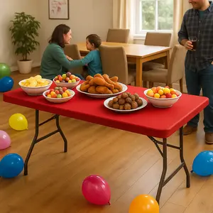 Red festival party decoration PSH 1pc/2pc/8pc Red rectangular picnic tablecloth, waterproof and elastic, washable polyester fiber tablecloth (6ft/8ft)/ Smooth Ornaments