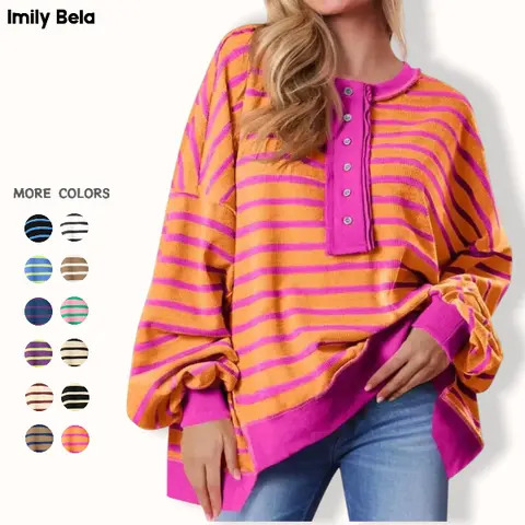 Imily Bela Womens Oversized Striped Sweatshirts Henley Shirts Color Block Casual Pullover Waffle Knit Tops