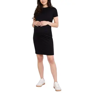 Women's Crewneck Short Sleeve Side Ruched Bodycon Maternity Mini Dress - Motherhood Maternity