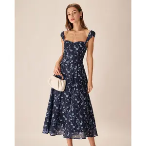 Navy Floral Sweetheart Neck Midi Dress