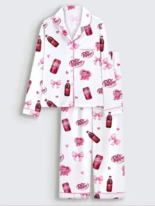 Women's Heart Bow Print Sleepwear Set, Long Sleeve Button-Up Top & Elastic Pants, Casual Home Wear, Party