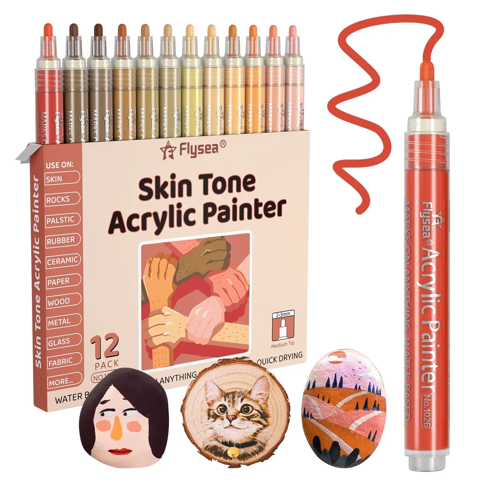 12 Pack Skin Tone Markers, Vibrant Colors Acrylic Marker Set for Rocks Canvas Glass Ceramic Wood Sketch Portraits Comics Illustrations